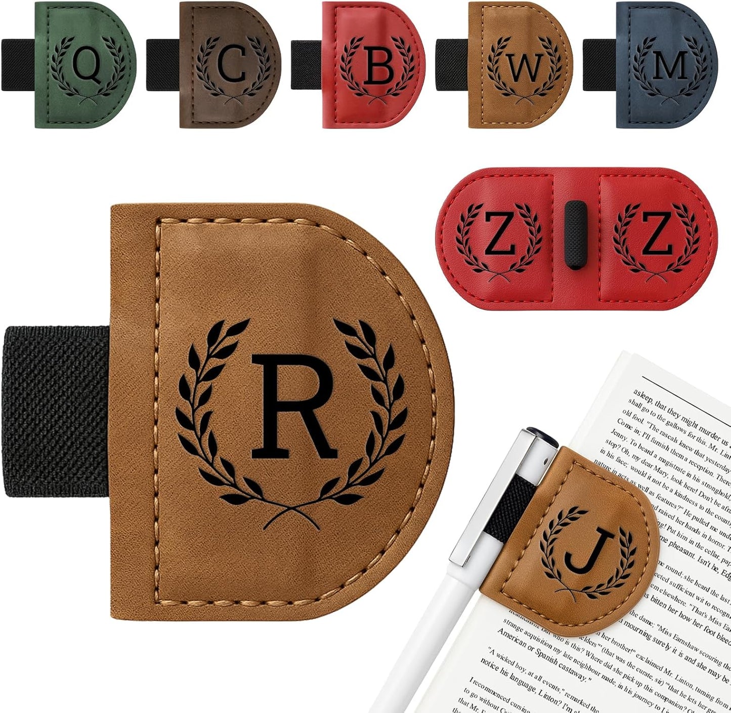 Personalized Bygone Mark Bookmark with Pen Holder,Engraving Leather Magnetic Bookmarks Vintage 26 Letters Name Initials Text Book Marker Clips Gifts for Reading Book Lovers Women (Brown, R)