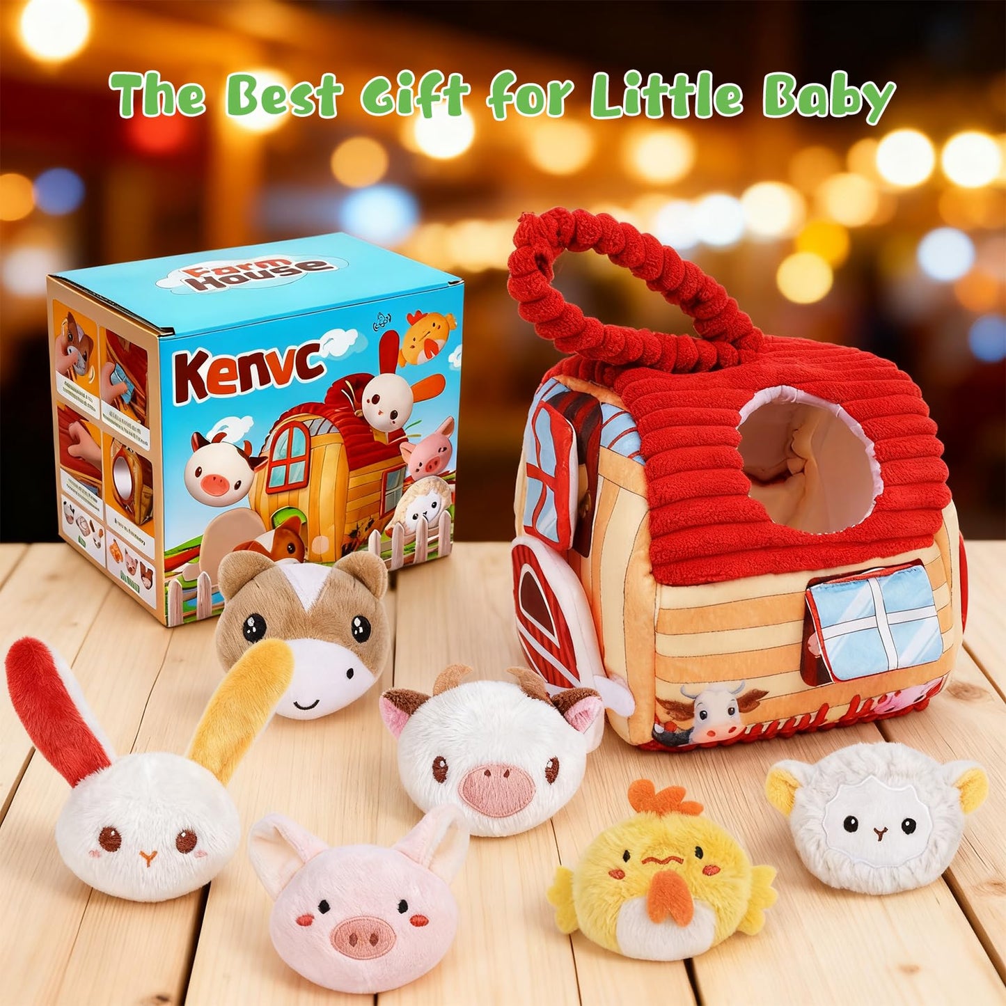 kenvc Baby Toys for 6-12 Months, Barn Stuffed Farm Animals with Sounds & Ring, Plush Animals Toys Have Mirror Montessori Educational Toys Sensory for Developmental for Infants & Toddler Toy Gift