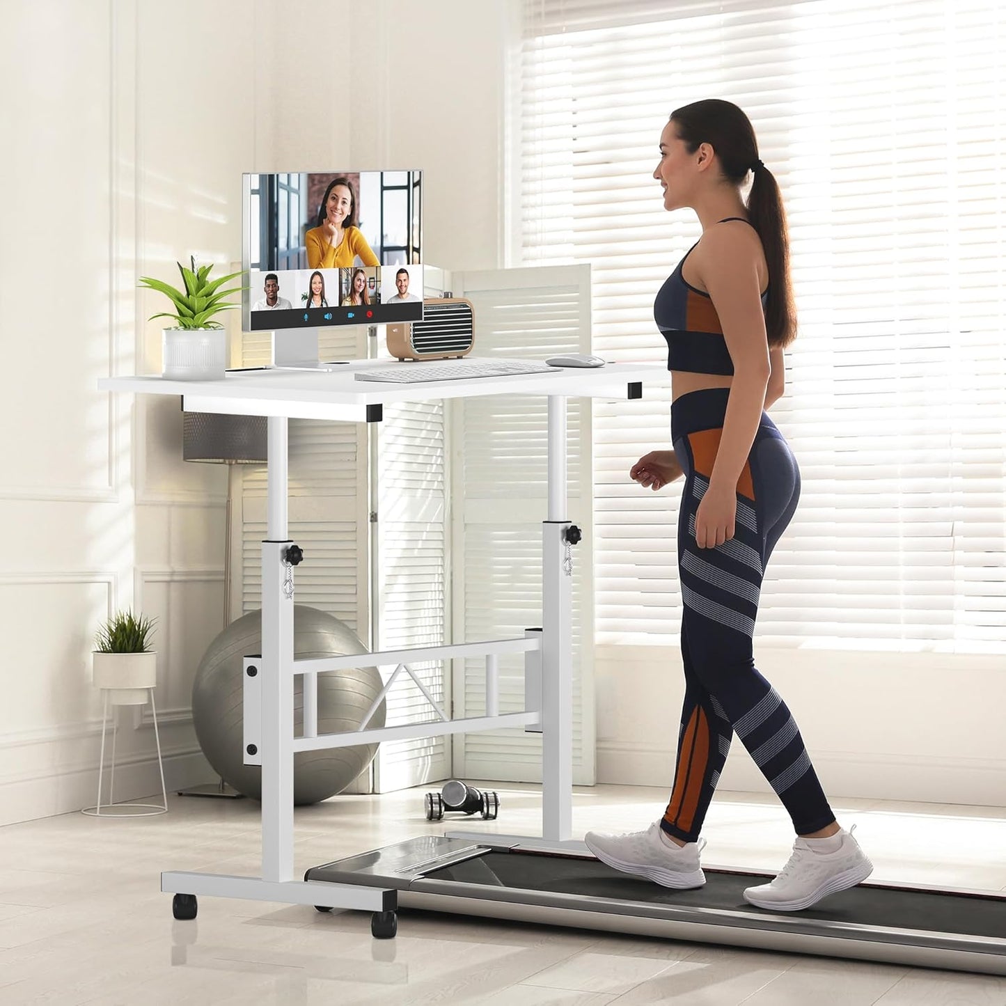 Klvied Small Standing Desk Adjustable Height, Mobile Table with Wheels, Portable Laptop Table, Standing Computer Desk for Walking Pad (White)
