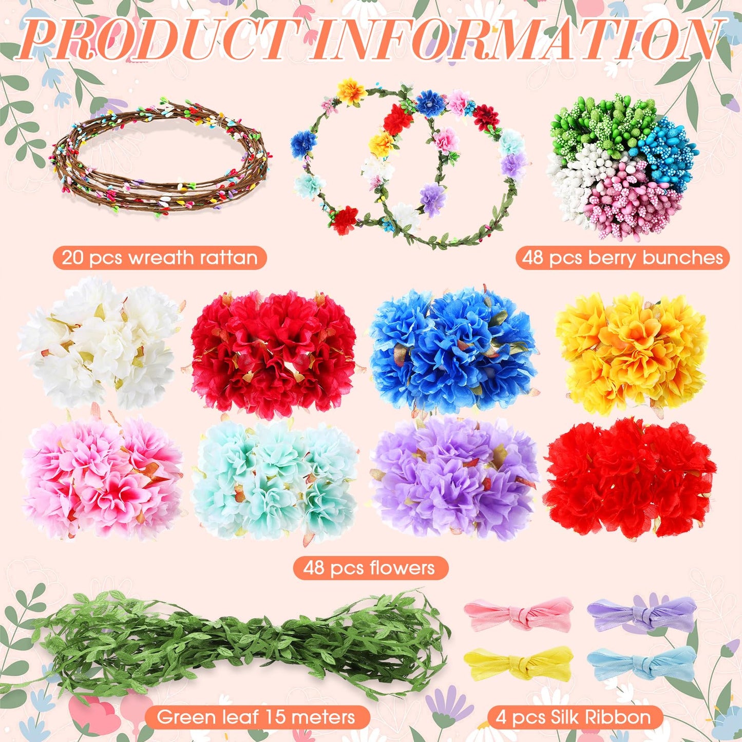 Zeyune 20 Sets Spring Tea Party Favor Flower Crowns Making Kit, Make Your Own Flower Crown Wreath Garland Headbands Craft Kit Handmade DIY Fairy Floral Hair Accessories Gift for Women