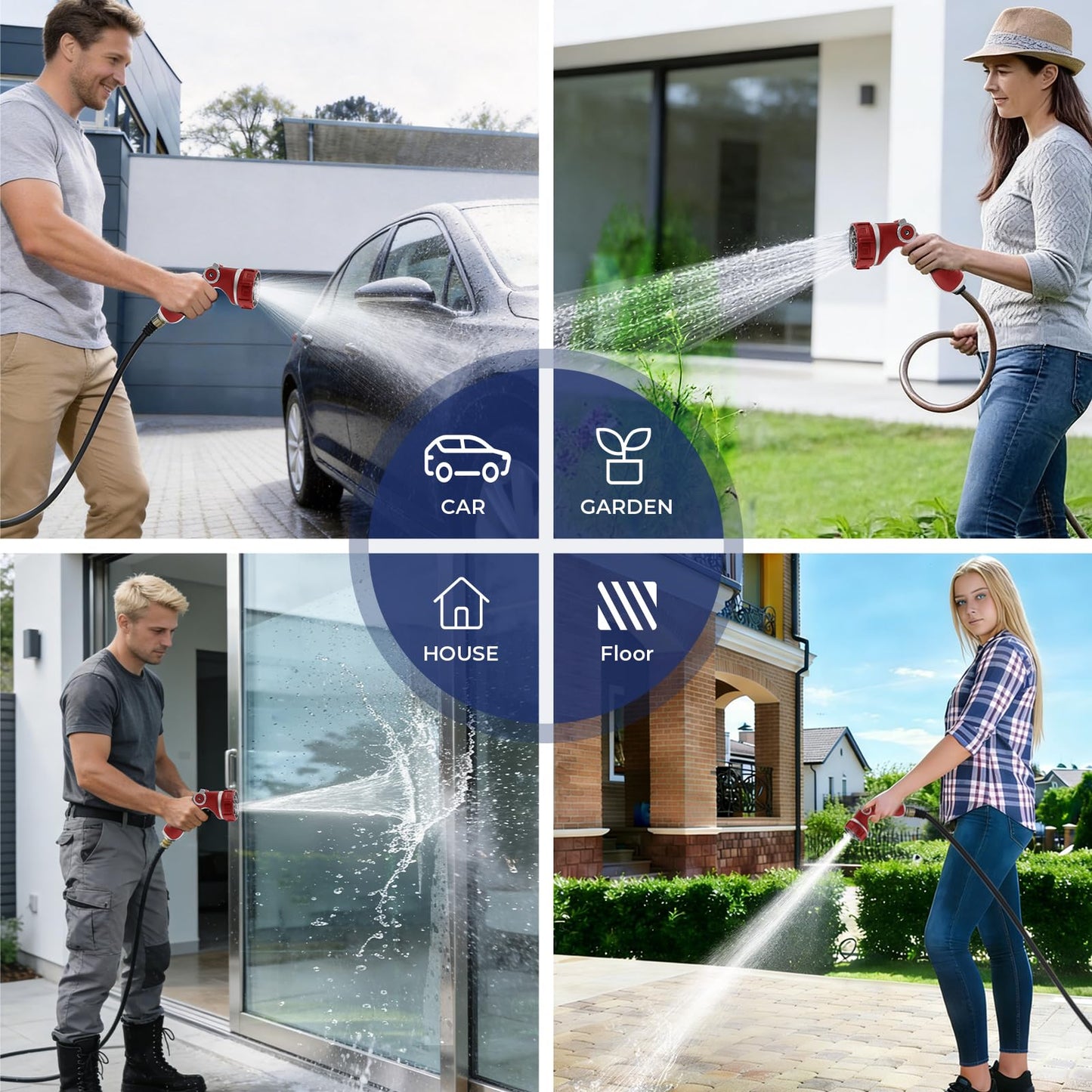 HugeDawn Garden Hose Nozzle with 7 Spray Patterns, Heavy Duty Metal Sprayer 30% Greater Water Flow for Watering, Car Wash, Outdoor Cleaning (Red)