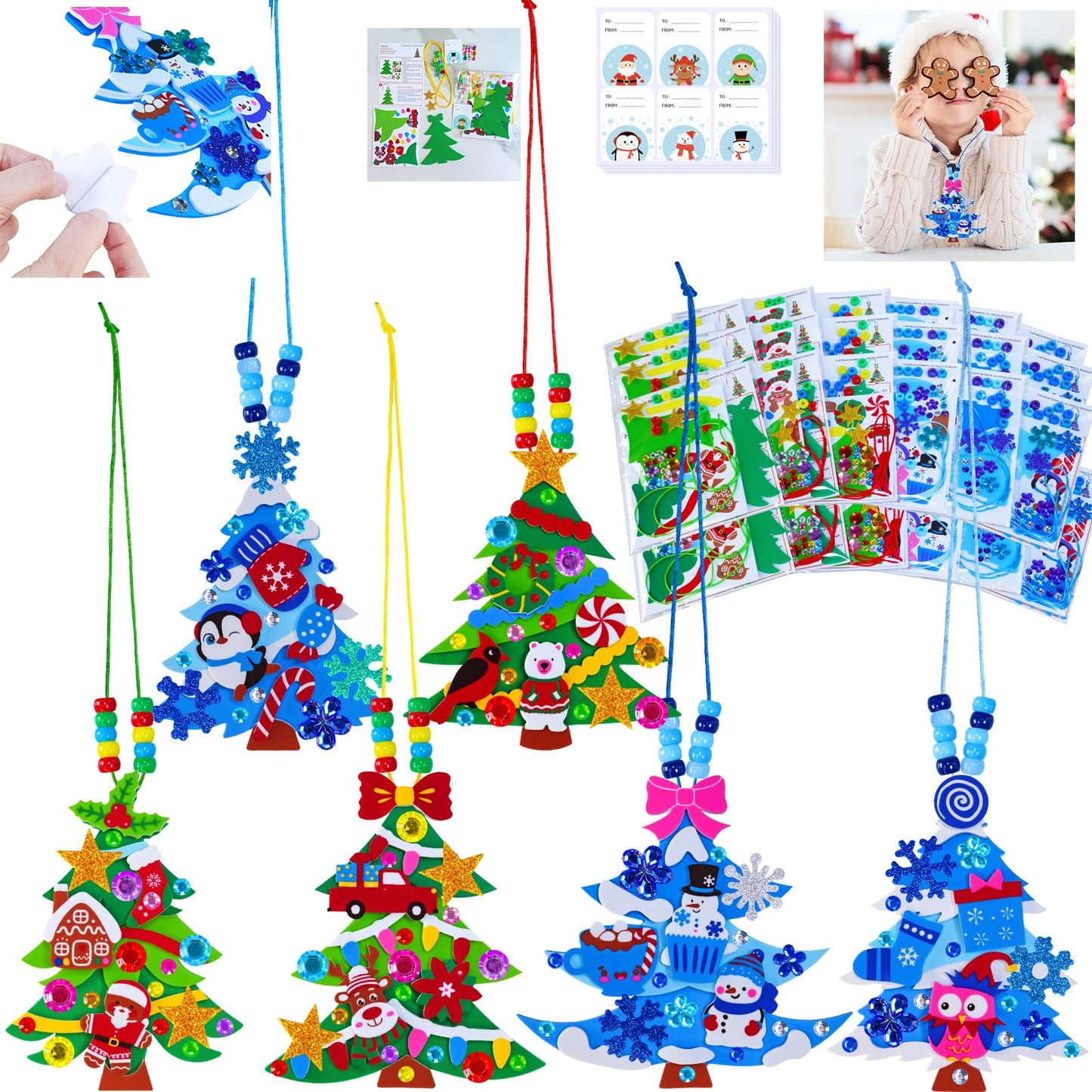Winlyn 24 Sets Winter Decorations DIY Christmas Tree Ornaments 3D Pine Tree Necklaces Holiday Craft Kits Blank Foam Tree with Festive Foam Stickers for Kids Home Classroom Activities Party Favors