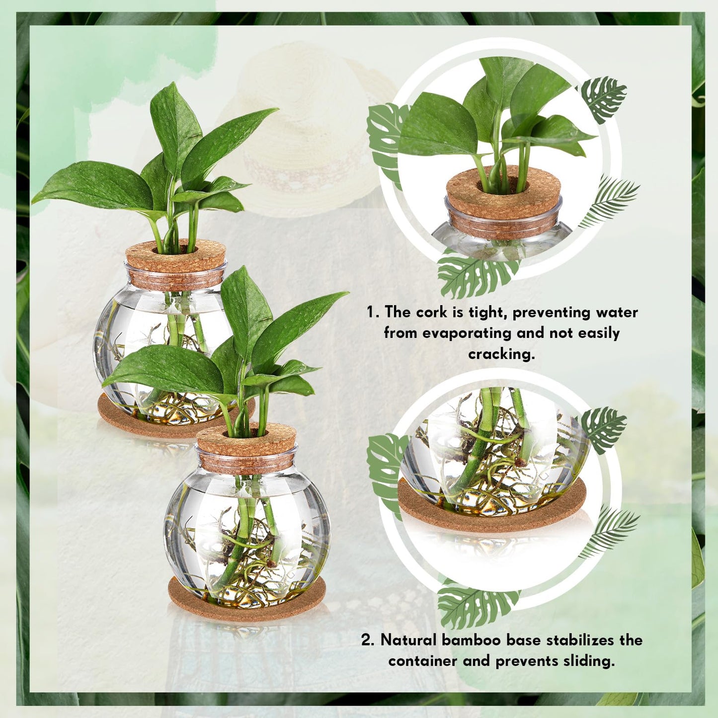 Baderke 2 Packs Propagation Vases for Plants Plastic Plant Propagation Station with Hole Lid and Cork Coasters Plant Growing in Water Hydroponic Home Office Table Decoration(Fish Bowl Style)
