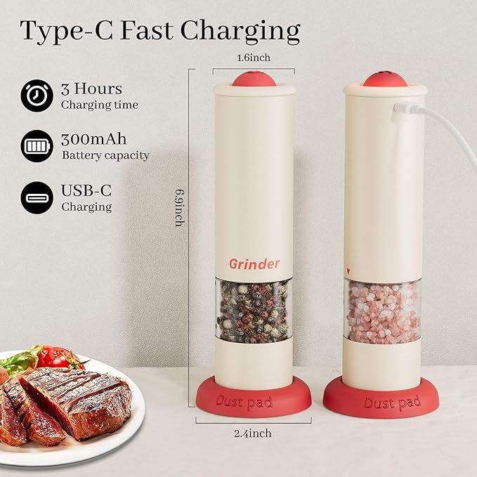 Christmas Gift/Deal Electric Salt and Pepper Grinder Set, USB Rechargeable Adjustable Coarseness Automatic Salt Pepper Mill Shakers/Grinder Kitchen Spice Mill, Home Chefs Idea for House Warming
