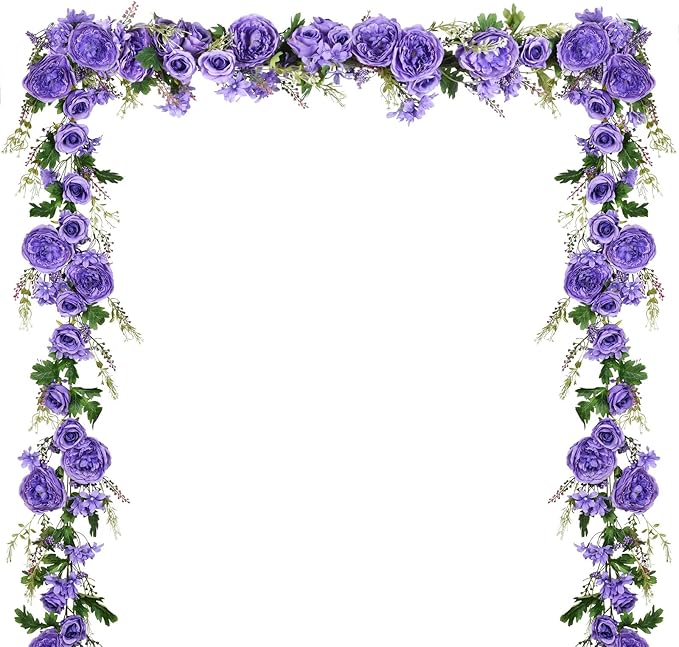DearHouse 2Pack Artificial Peony Flower Garland - 6ft/Strand Silk Peony Garland with Pink Flowers for Wedding Party Table Decoration,Deep Ruby (Purple)