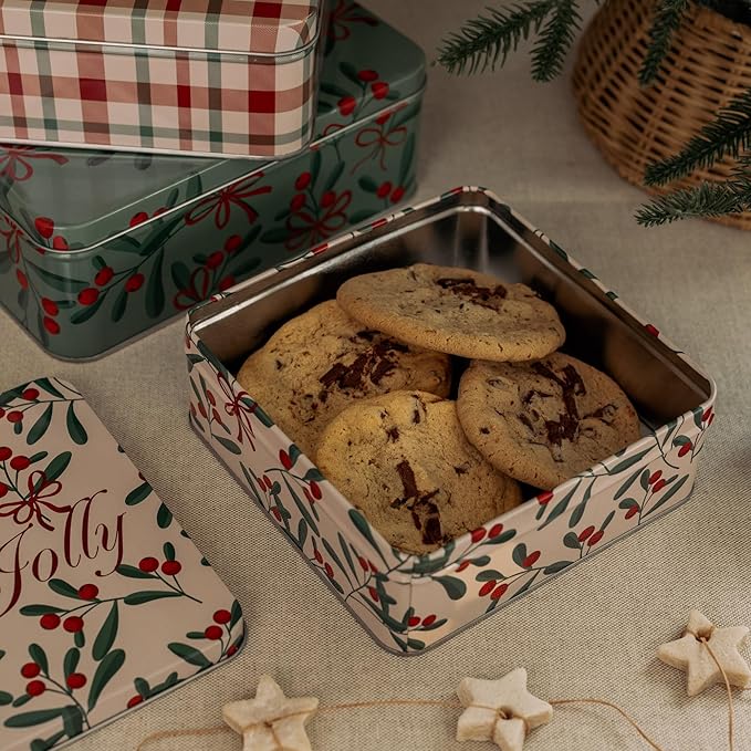 Steel Mill & Co Tin Containers with Lids, 3 Pack Christmas Cookie Tins, Festive Cookie Tins for Gift Giving & Holiday Treats, Square Metal Nesting Containers (Holly Jolly)