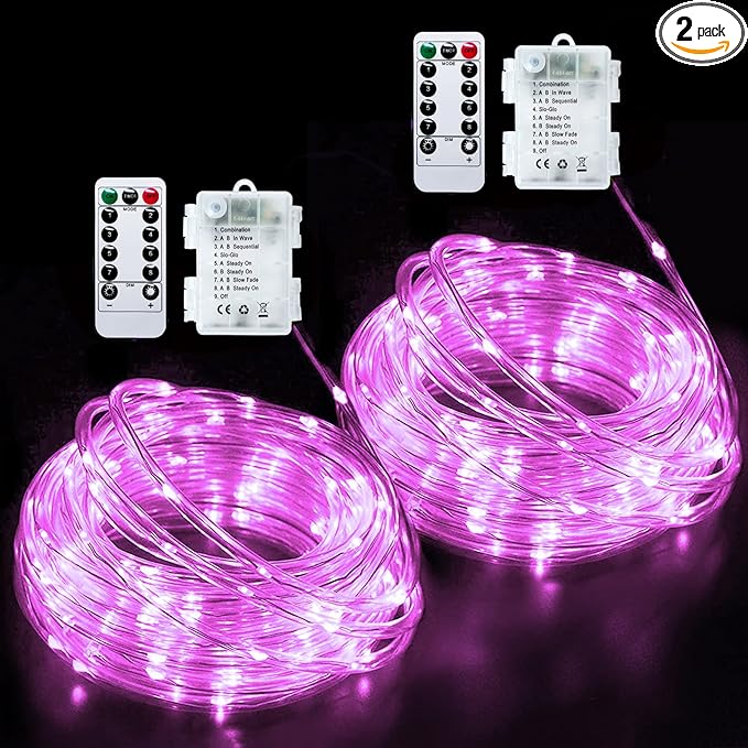 JMEXSUSS 2 Pack Pink Battery Operated Lights Outdoor Waterproof, Each 33ft 100 LED Rope Lights Battery Powered String Lights, 8 Modes Pink Fairy Lights for Valentines Party Garden Decoration