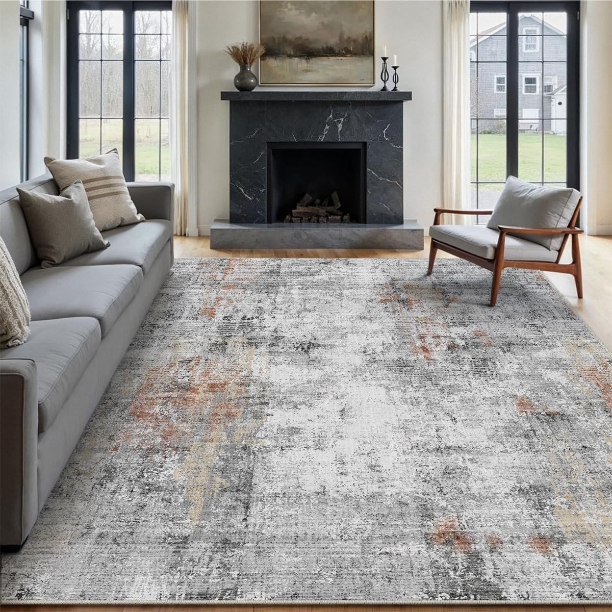 8x10 Washable Area Rug Grey Rust Modern Neutral Abstract Living Room Bedroom Indoor Floor Carpet Low Pile Soft Non-Slip Lightweight Vacuumable Large Throw Rug for Kitchen Dining Room
