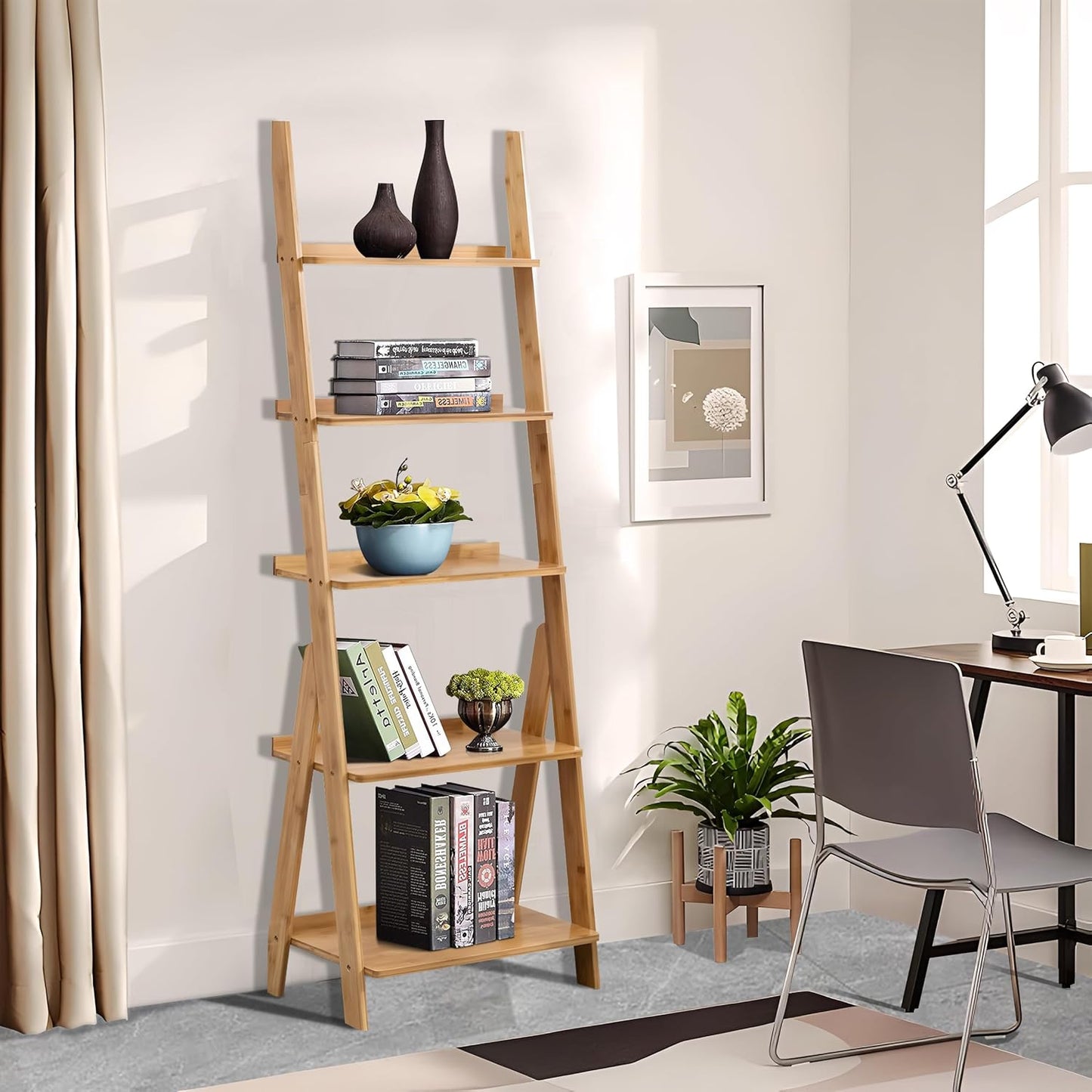 DOUSY- 5-Tier Bamboo Ladder Shelf Ladder Bookshelf Plant & Flower Stand Bookcase, Freestanding Storage Rack Organizer Display Shelf for Living Room, Home Office, Bedroom, Balcony, Natural Wood