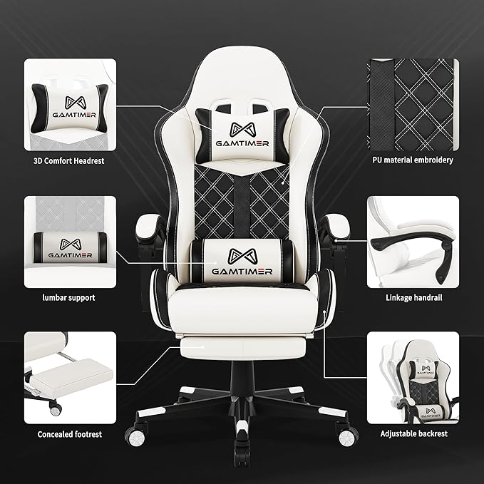 Gaming Chair, 400 lbs Adult Chair, High Back Computer Chair with Footrest and Linked Armrests, Office Video Game Chair with Lumbar Support (White)