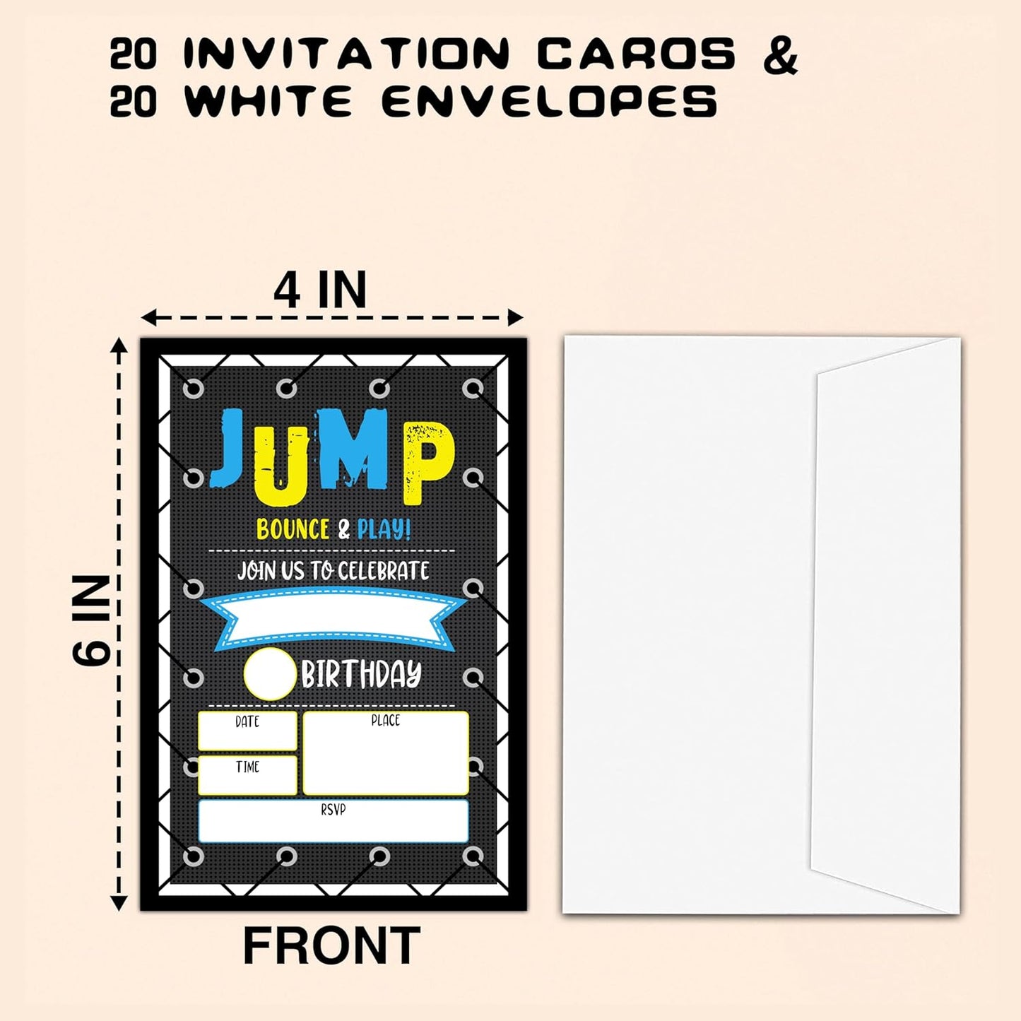 CLIRBE Trampoline Jump Birthday Party Invitations, Birthday Invitations For Boys, Kids Boy Birthday Invitation, 20 Invitations with 20 Envelopes - E03