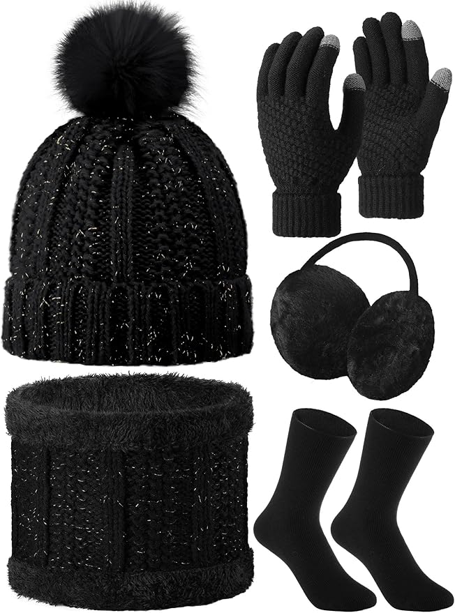 5 Pieces Women Winter Warm Set Knit Beanie Hat Scarf Touchscreen Gloves Earmuffs Stockings 5 in 1 Ski Outing Set for Gift