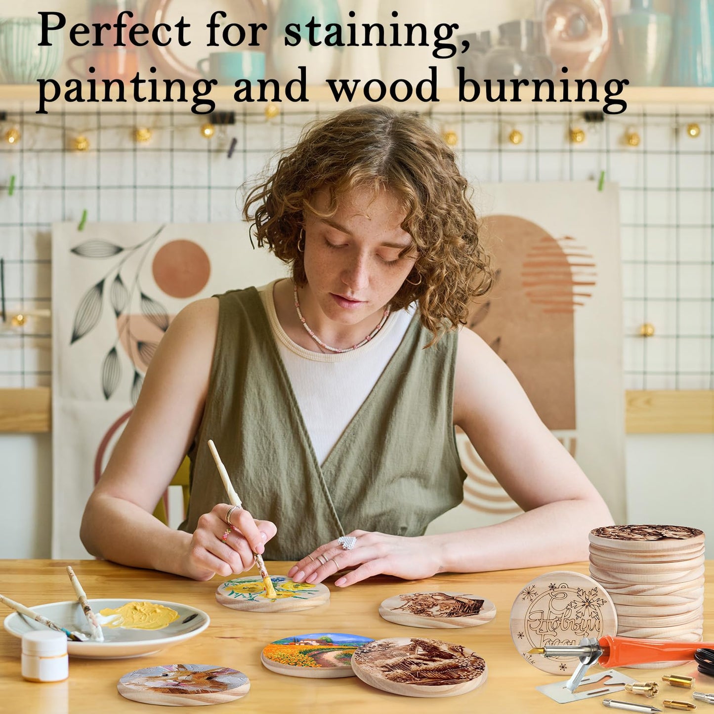 12 PCS 5 Inch Unfinished Wood Coasters, GOH DODD 4 Inch Wooden Blanks with Non-Slip Pads for Laser Engraving Wood Burning Staining Painting Decoupage Housewarming Gifts Wedding Crafts Education, Round