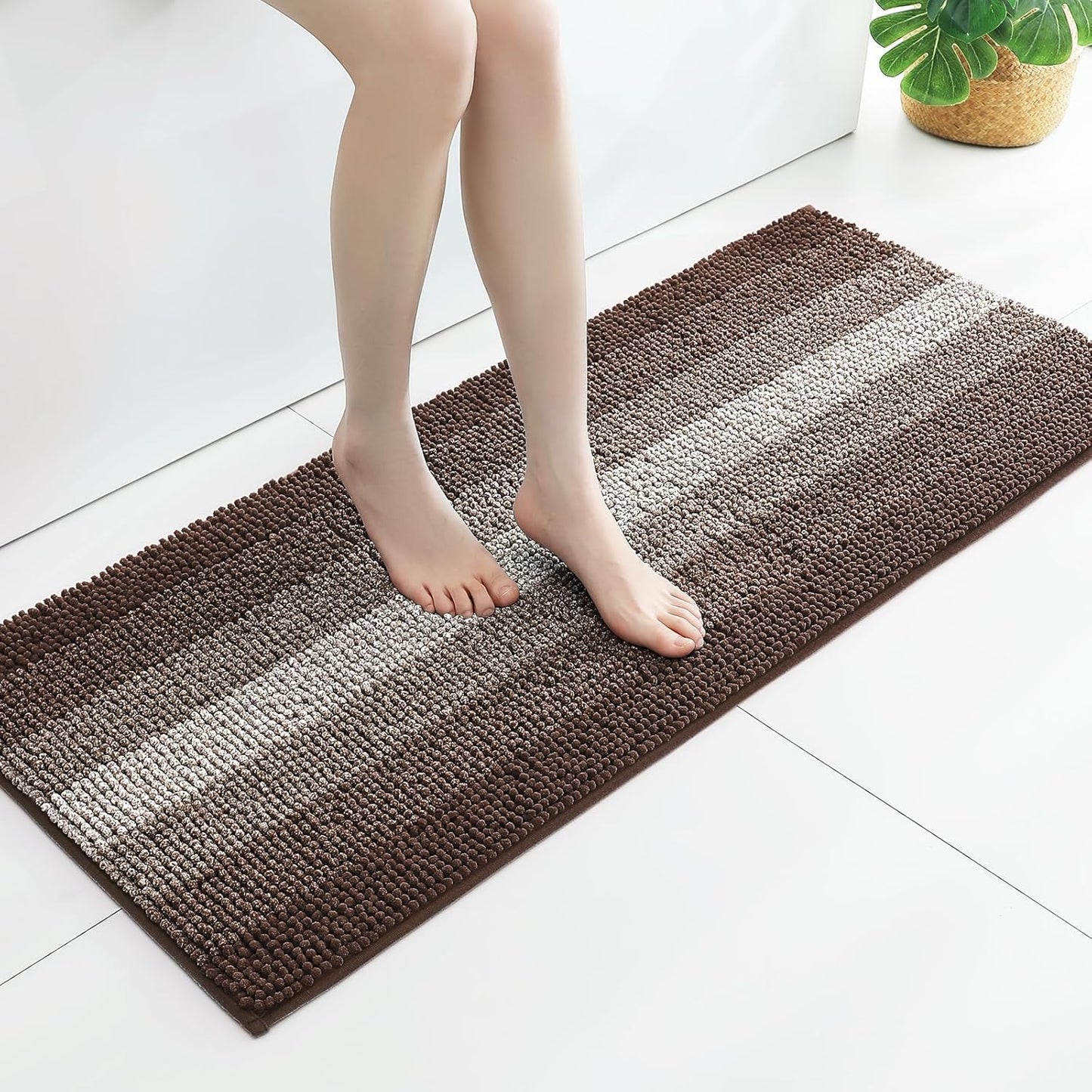 Gibelle Long Bathroom Rugs, Luxury Chenille Bath Mat, Small Non Slip Shower Rug and Bath Room Floor Mats, Machine Washable, Quick Dry Bathmat, Soft Cozy Plush Rug for Tub, 20" x 47", Brown