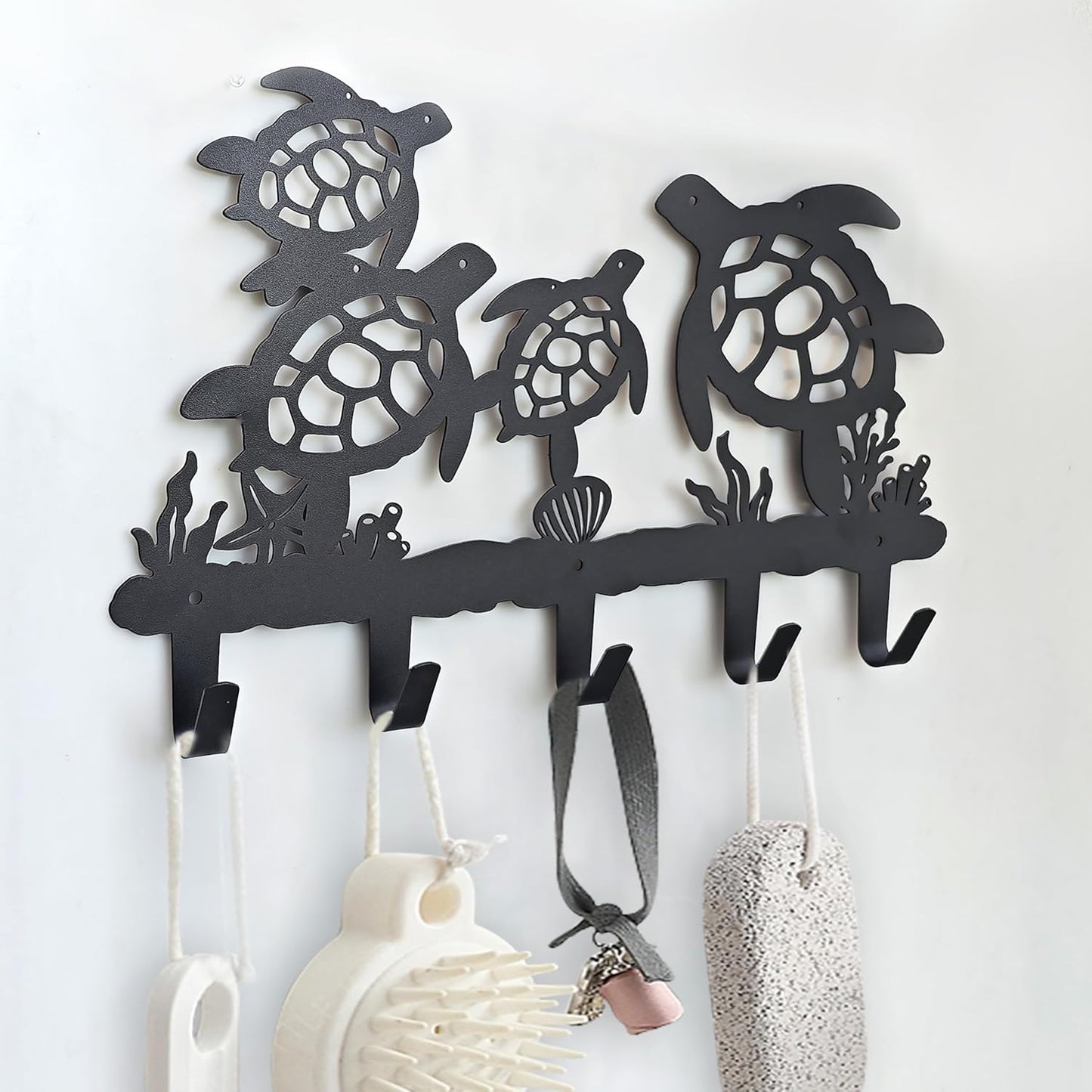 Metal Sea Turtle Coat Hooks Wall Mount-Sea Turtle Hangers and Key Holder-Clothes Hat Rack and Backpack Hanger Decor for Storage, Living Room, Hallway, Office Gift (Black)