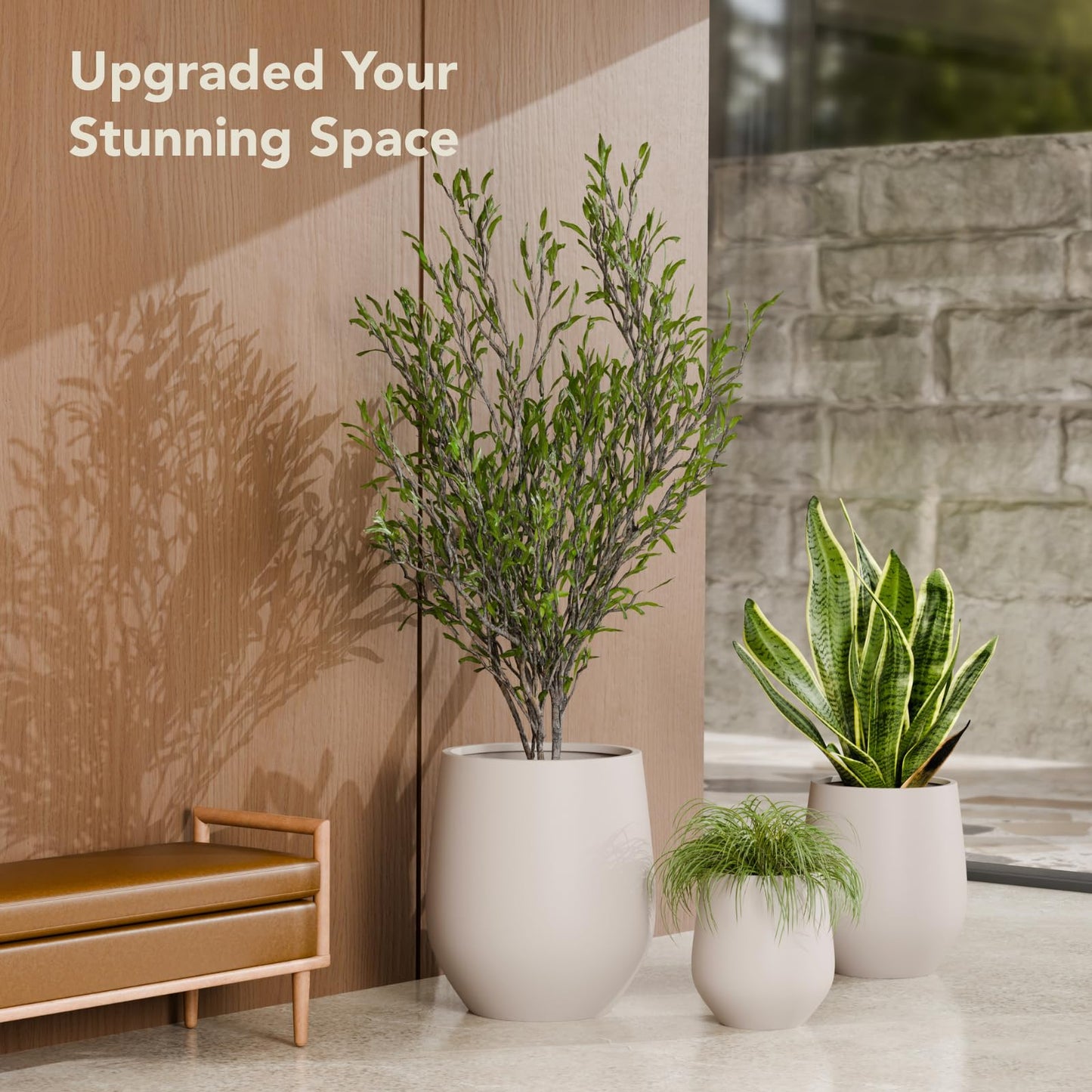 KUTE NEST 12.5" H x 11.4" D Premium Corso Fiberstone Round Tapered Planter with Drainage Hole, Weather Resistant for Indoor and Outdoor Use, Included 2 Extra Coco Mats (Taupe, 9" Pot Opening)