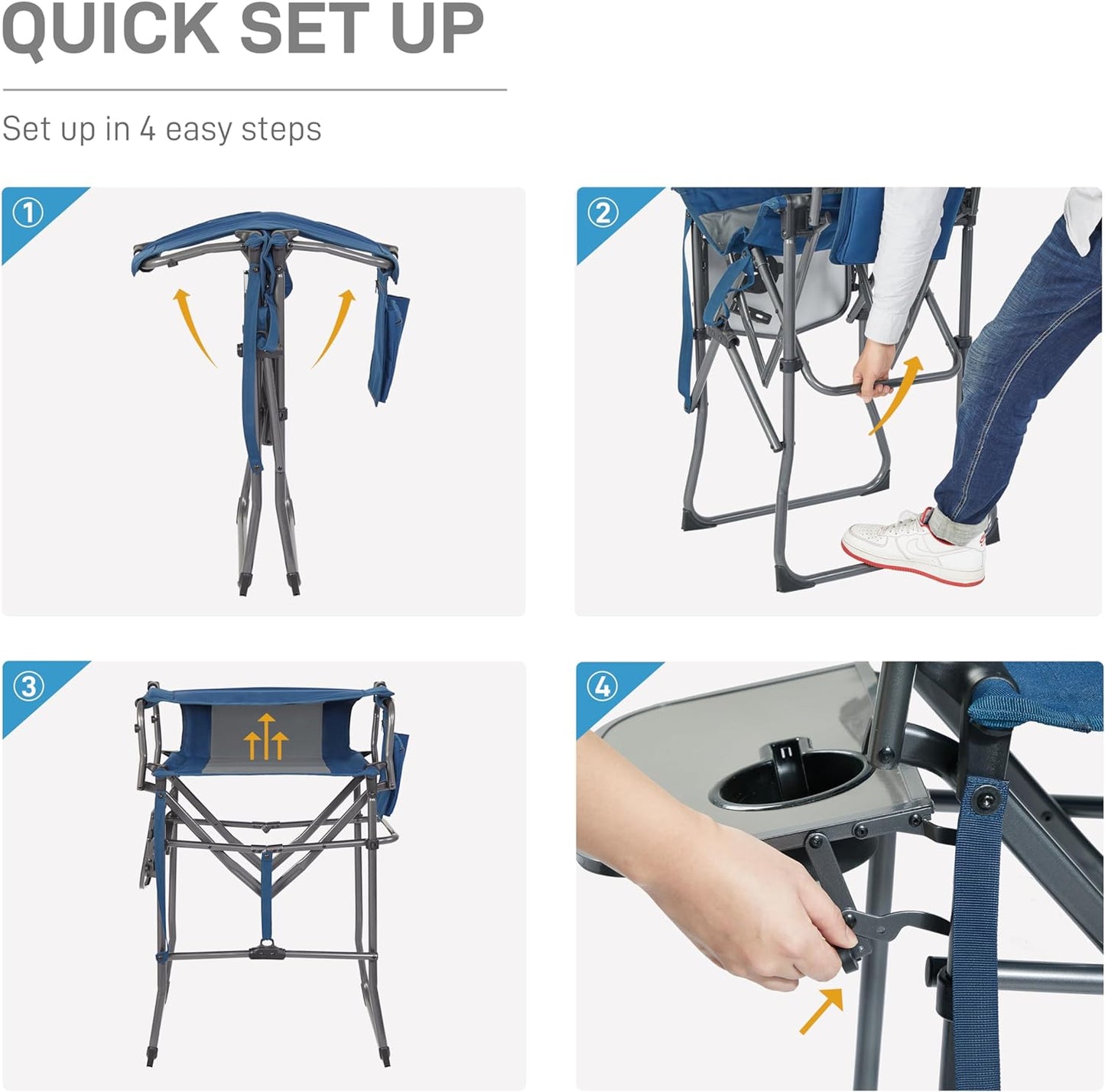 EVER ADVANCED Portable 30.7" Seat Height Tall Folding Chair Directors Chair High Foldable Bar Stool with Side Table for Makeup Artist, Camping, Sports Event, Craft Show, Supports 350LBS Blue Grey