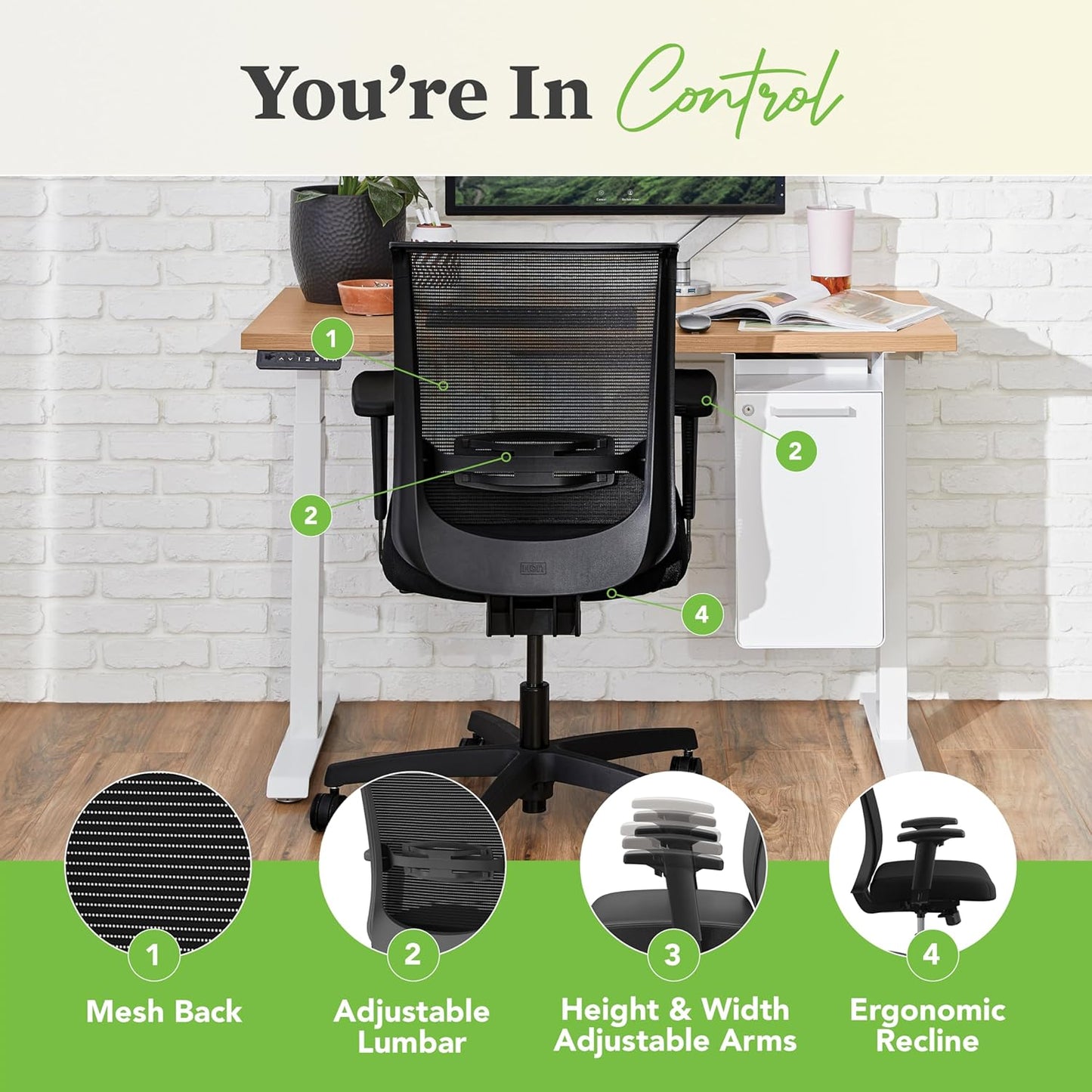 HON Convergence Ergonomic Office Chair, Breathable Back Support Mesh, Adjustable Arms, Computer Chair with Lumbar Support, Rolling Swivel Wheels, Comfortable Synchro-Tilt Recline, Vinyl, Black