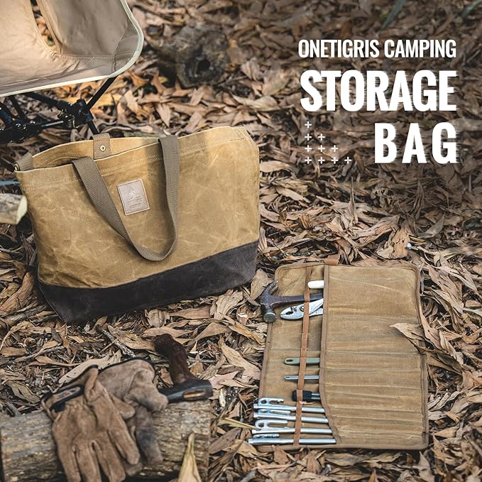 OneTigris Waxed Canvas Tool Tote Bag with Removable Tool Roll Bag, 36L Large Capacity Storage Tote Bag - Heavy Duty Canvas Bag and Tactical Camping Storage for Gardening,Camping Gear Firewood