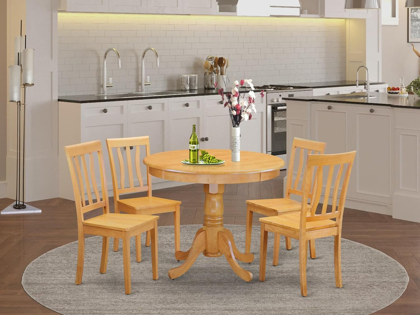East West Furniture ANTI5-OAK-W 5 Piece Dining Room Table Set Includes a Round Wooden Table with Pedestal and 4 Kitchen Dining Chairs, 36x36 Inch, Oak