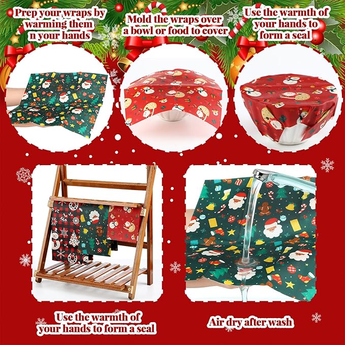 Ctosree 9 Pack Christmas Beeswax Wraps for Food 14.17" 11.42" 7.48" Reusable Beeswax Storage Wrap Bread Sandwich Wrapper for Christmas Kitchen Storage Bowl Covers