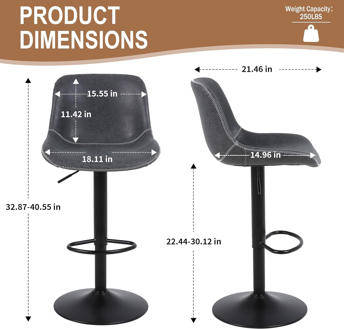 Bar Stools, Swivel Counter Height Barstools with Back, Adjustable Modern Bar Chairs, Tall Armless PU Leather Kitchen Island Stool (Black 02, Set of 3)