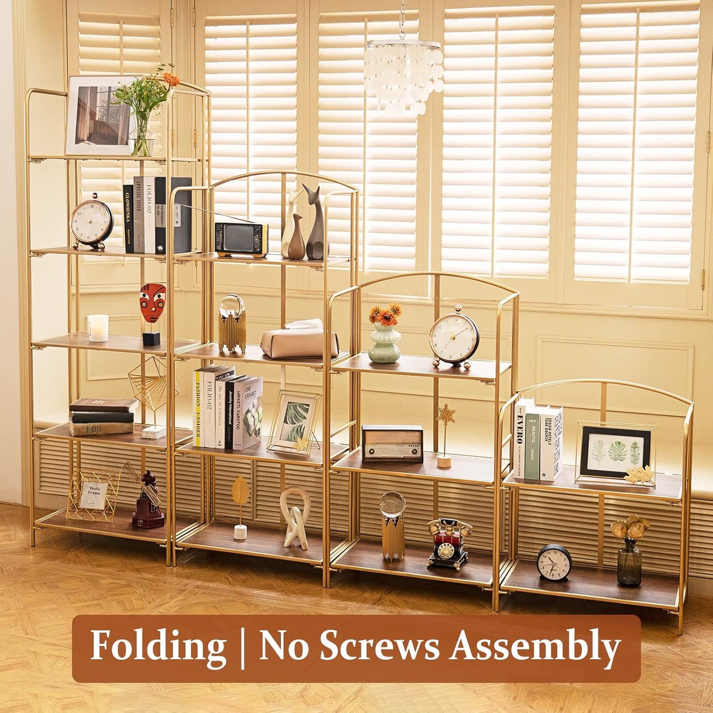 Crofy No Assembly Folding Bookshelf for Living Room, 2 Tier Gold Collapsible Book Shelf for Home Office, Portable Bookcase Storage Organizer