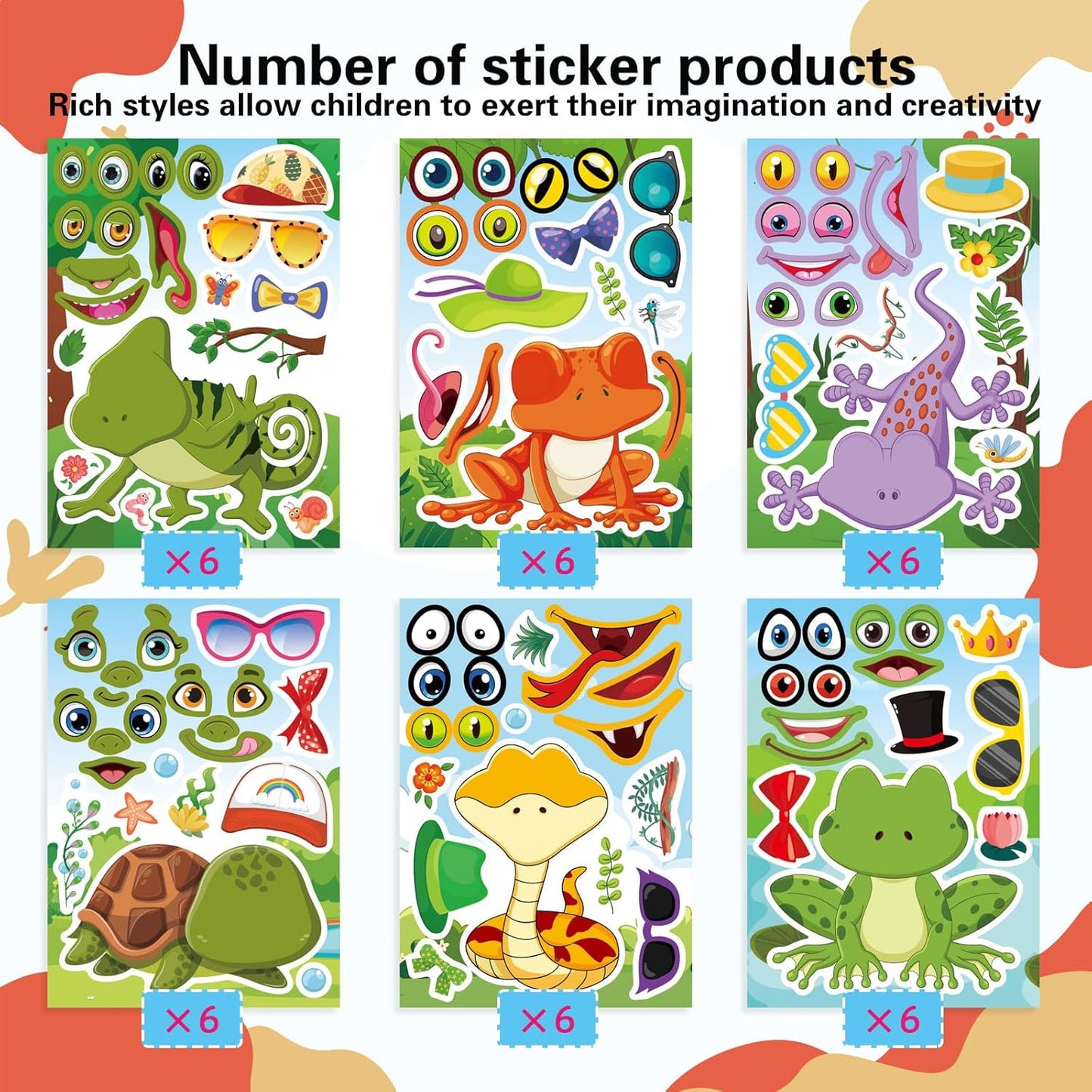 36 PCS Make a face Sticker for Kids Toddlers, Make Your Own Reptile Animal Mix and Match Sticker with Snakes, Lizards, Frogs, Turtles, Kids Party Favor Craft Supplies