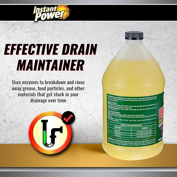 Instant Power Commercial Drain Maintainer - Liquid Enzyme Clog Remover, Cleans and Deodorizes, Reduces Drain Blockages, 1 Gal