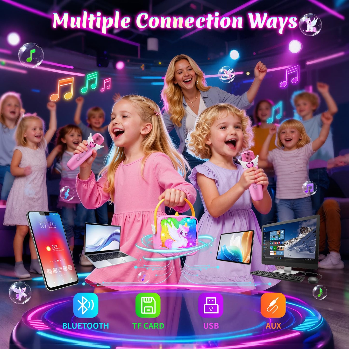 Unicorn Karaoke Machine with Wings & Castle Lights,2 Gem Wireless Microphones&5 Magic Voice,Portable Mini Bluetooth Speaker,Singing Toy Birthday Gift for 3 4 5 6 7 8 9 10 11 12 Year Old Girls Age 3-12