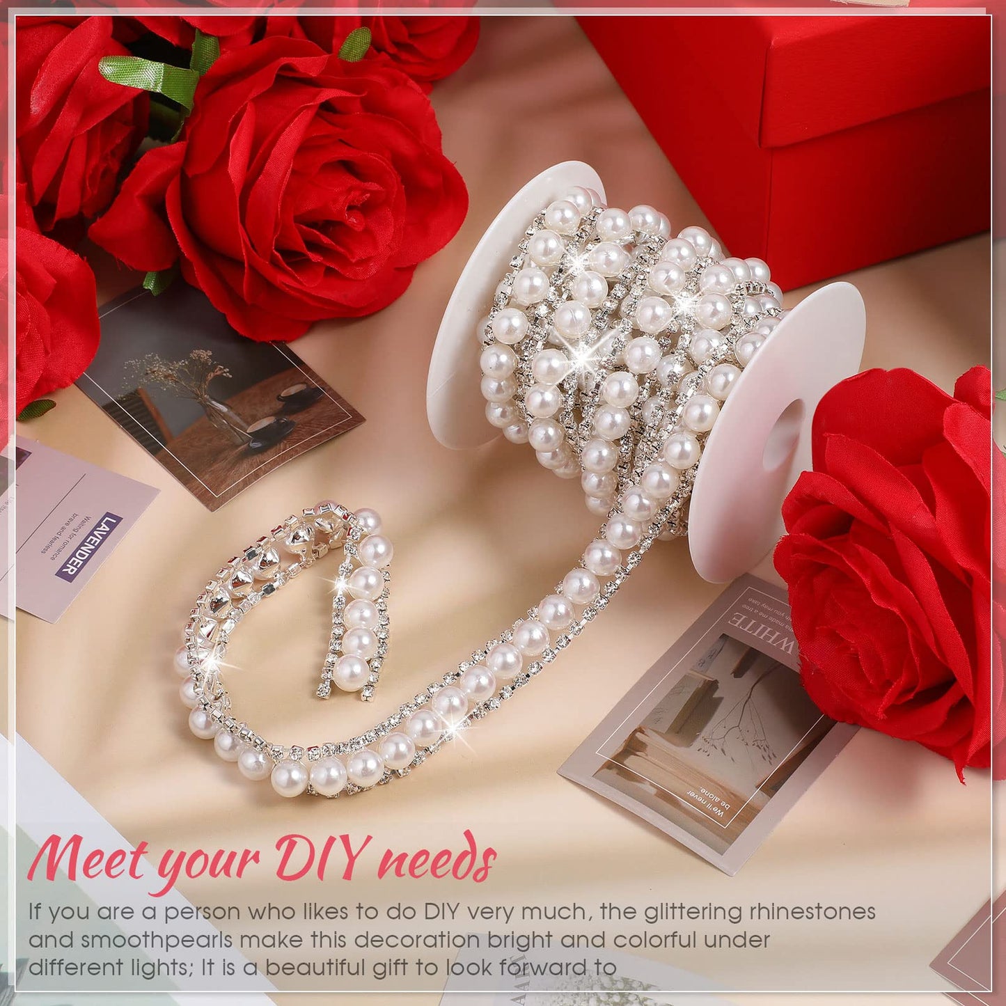 2 Yards Rhinestone Trim Pearls and Diamonds Crystal Chain Rhinestones Pearl Chain for Craft Rhinestone and Pearl Trim Applique Pearl Beaded Rhinestone Bridal Embellishments for Wedding (Classic Style)