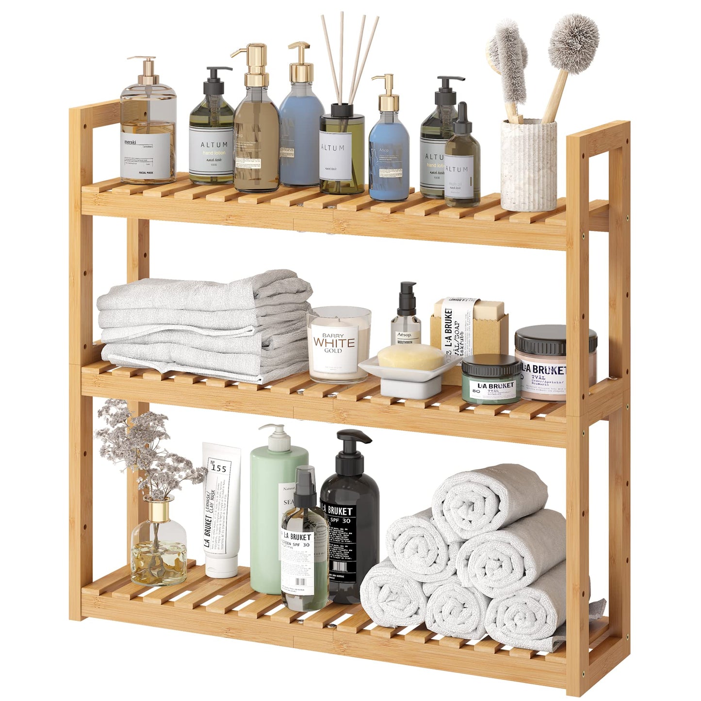 FILWH Bamboo Organizer Rack - Adjustable 3-Tier Storage Shelf, Wall Mounted or Over The Toilet, Living Room, Kitchen (Natural)