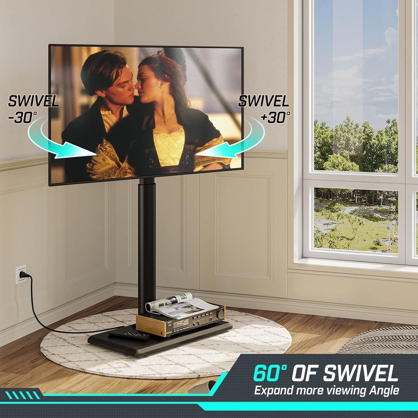 Greenstell TV Stand with Power Outlet, Universal Floor TV Stand for 32-75 inch TVs, Height Adjustable, Swivel Tall TV Mount Stand with Wood Base, Holds up to 110 LBs, Max VESA 600x400mm