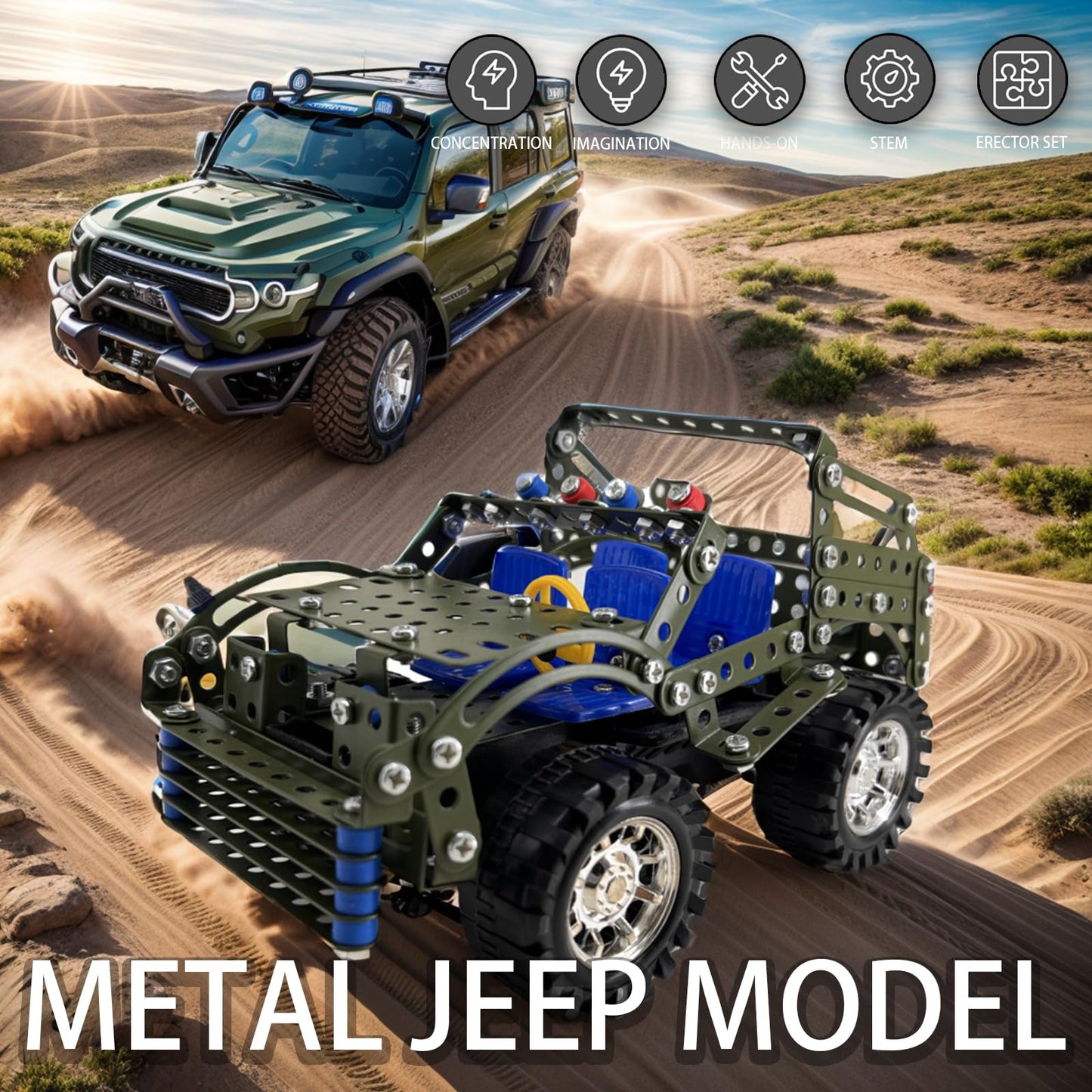 Metal Model Car Kits - 283 Pcs Erector Sets for Boys Age 8-12, Building Toys, STEM Kits for Kids Age 8-10, Assembly Jeep Project Army Toys for Ages 14 and Up, Gifts for 15 16 Year Old Boys and Adults