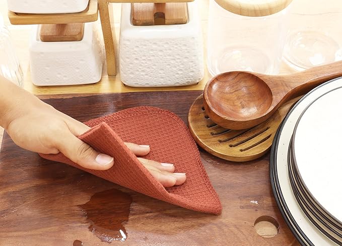 PurpleEssences Dish Cloths and Dish Rags - 8 Pack Waffle Weave Solid Kitchen Dish Wash Cloths, 100% Cotton, 12 x 12 Inches, Ultra Soft Absorbent Quick Drying - Christmas Holiday Winter - Rust