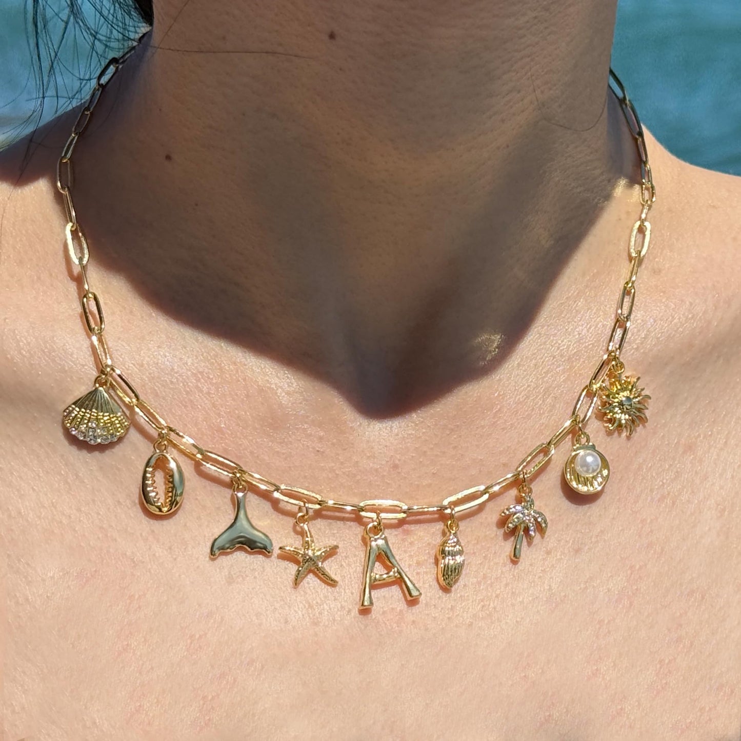 JALZEMPL Initial Charm Necklaces For Women Shell Letter Paperclip Chain Seashell Starfish Beach Summer Pendant Boho Surfer 14K Gold Plated Jewelry Gift (F)