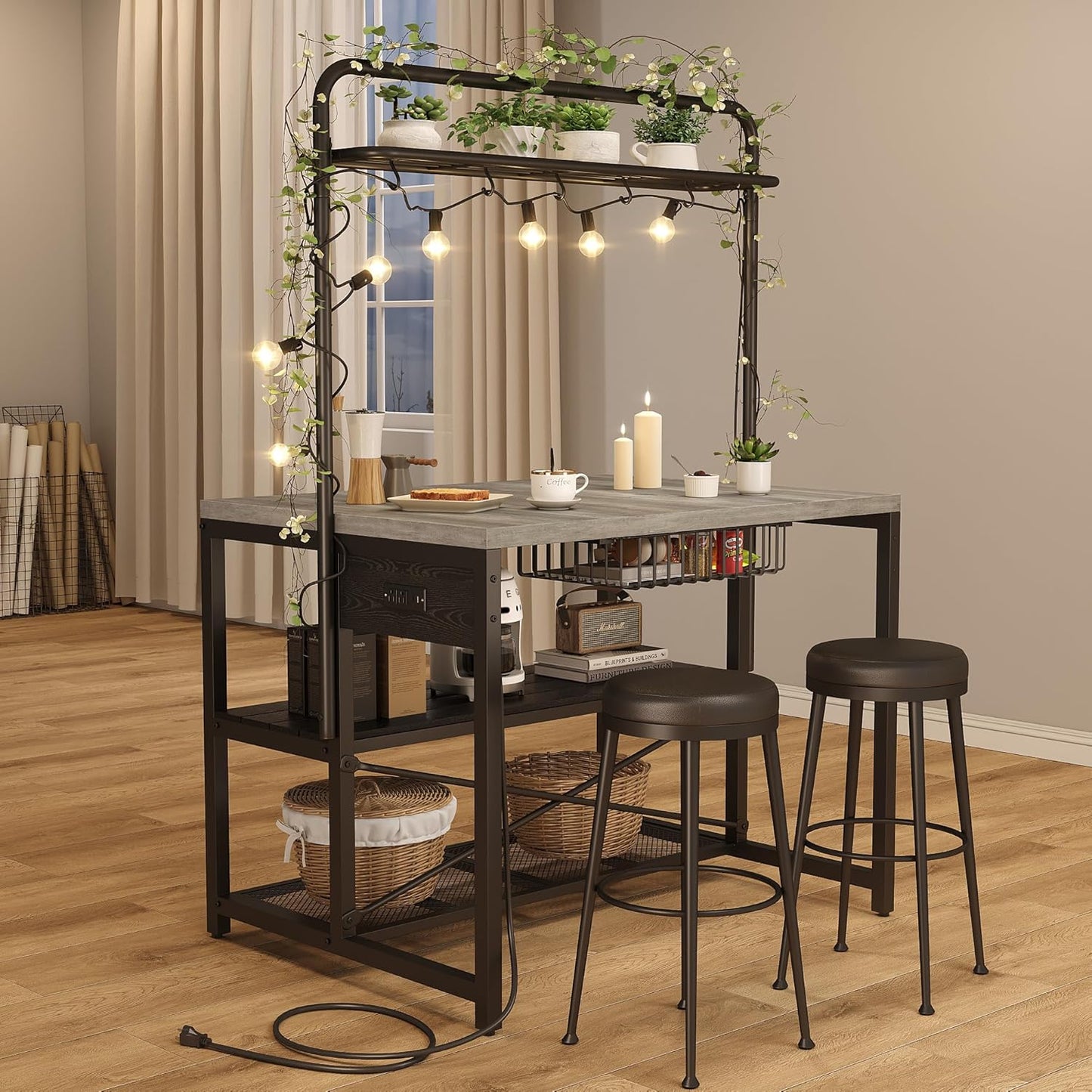 46" Large Kitchen Island Table Baker Rack with Power Outlet and 3-Tier Storage-Microwave Stand Oven Shelf, Metal Coffee Bar Table,Kitchen Storage Shelf for Dining Living Room, 5 Hooks,Grey