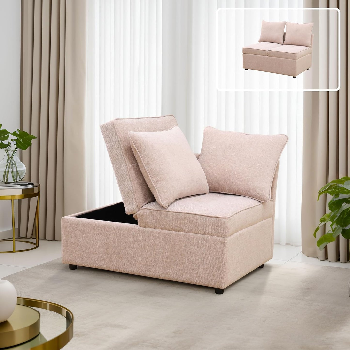 Convertible Ottoman Sofa with Storage, Modern Sackcloth Futon Couch with 2 Pillows Adjustable Backrest, Recliner Folding Loveseat for Living Room, Apartment Dorm, Office,Pink