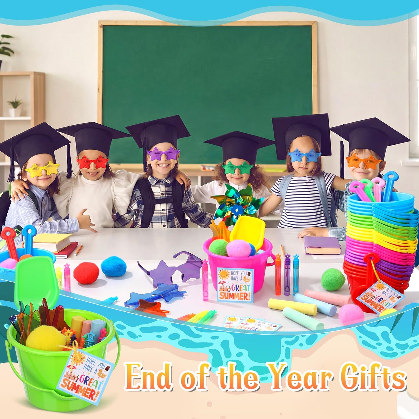 Chivao 192 Pcs Summer End of Year Student Gifts Bulk Pool Beach Party Favors Sand Bucket Shovels Bubble Wands Sunglasses Sidewalk for Classroom Summer Pool Toys Birthday Party Supplies