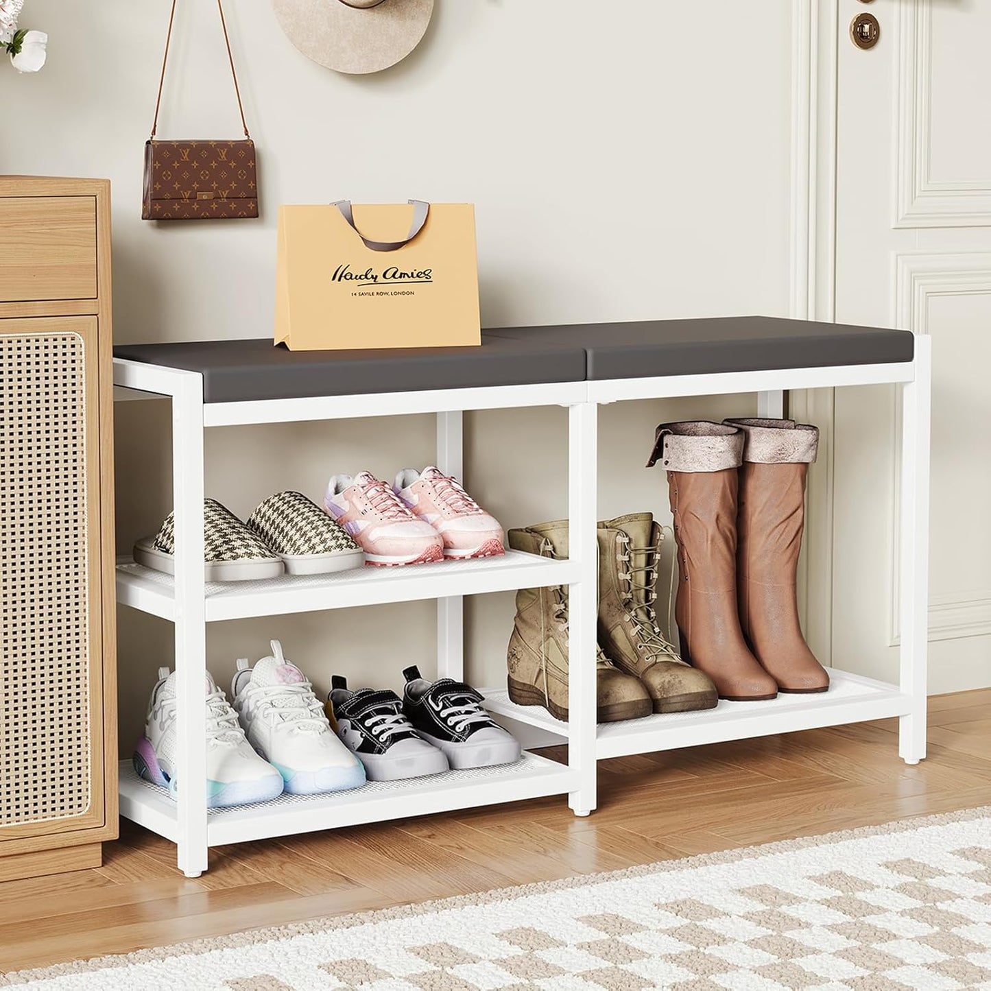 ZHOOGE Shoe Bench & Rack Storage Bench with Seat Cushion, Stable Entryway Bench Holds Up to 300 lb, (35" L x 12" W x 17" H, White)