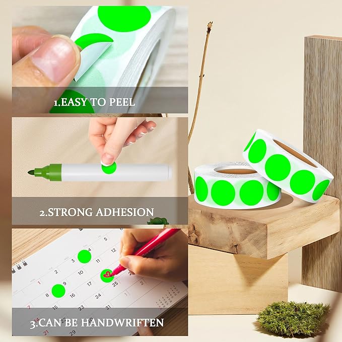 ‎‎WANSTE 10Rolls 10000PCS 0.75 Inch Small Fluorescent Green Sticky Tags, Permanent Sticky Dot Color Code Labels in Dispenser Box,Circle Blank Labels Total for Documents, Inventory,CDs,Garage Sales