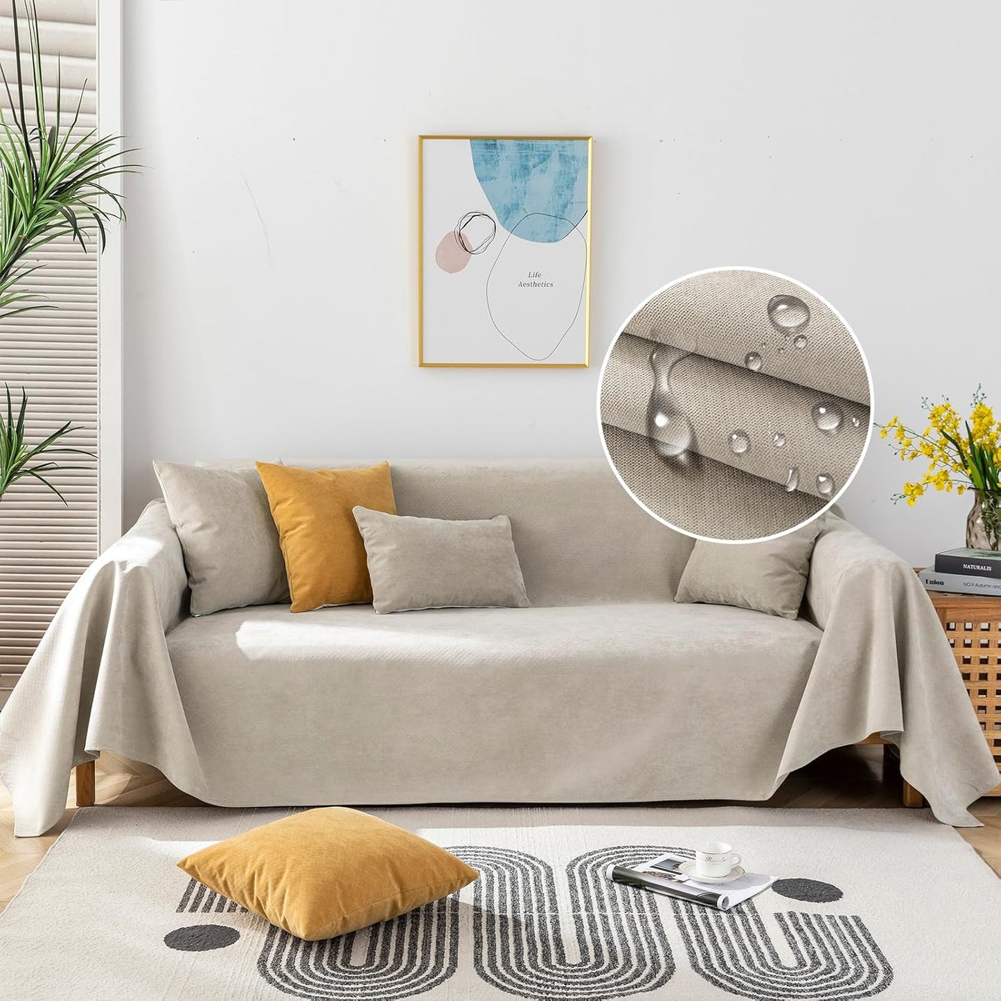 STACYPIK Waterproof Sofa Covers Durable Beige Sectional Couch Cover L Shape for Kids Dogs Pet Protector Non-Slip Sofa Slipcover for 3-4 Cushion Couch Multi-Use Leak-Proof Couch Cover-71X150IN