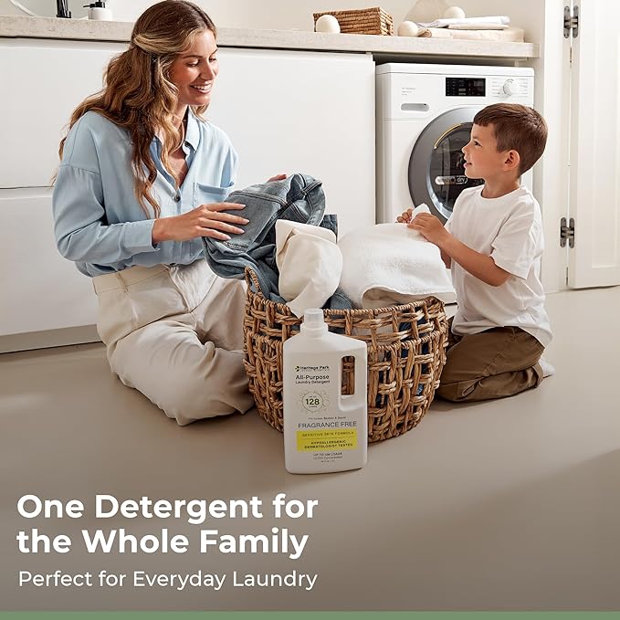 Heritage Park Luxury Laundry Detergent | Dermatologist Tested Plant based Natural & Enzyme Laundry Detergent | Sensitive Skin Friendly - Fragrance Free (64 fl oz)