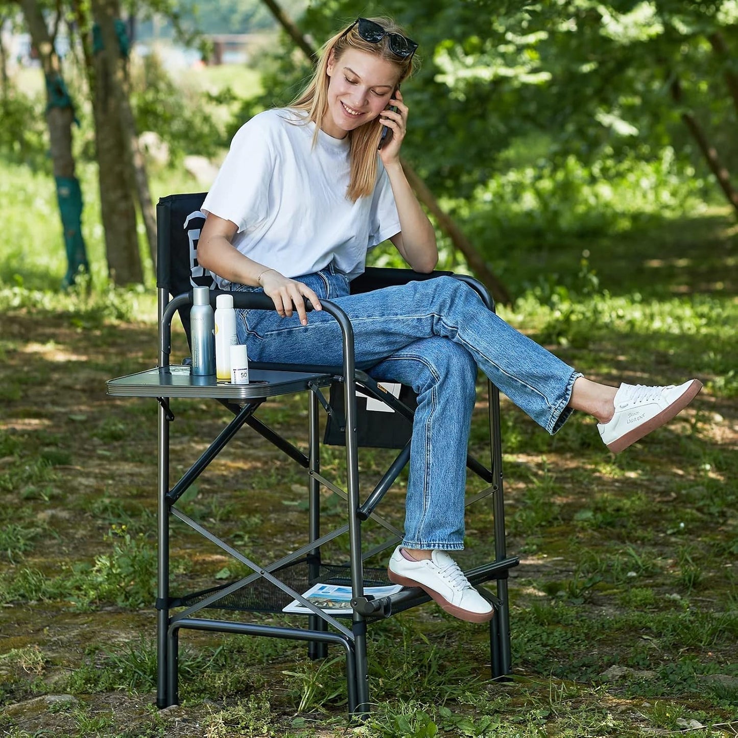 EVER ADVANCED 2 Piece 30.7" Seat Height Directors Chairs for Makeup Artist with Side Table Easy Get in Out for Elderly Tall Camping Chair Supports 350lbs Black