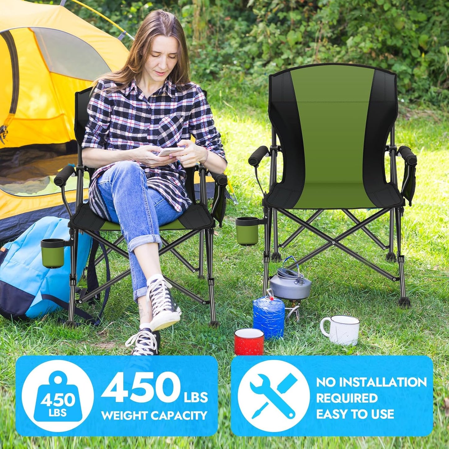 Oversized Folding Camping Chair for Adults, Supports 450 LBS Camping Chairs, Heavy Duty Camping Chair with Side Pockets, Foldable Outdoor Chair for Camping, Beach, Fishing, Hiking, Green-Black