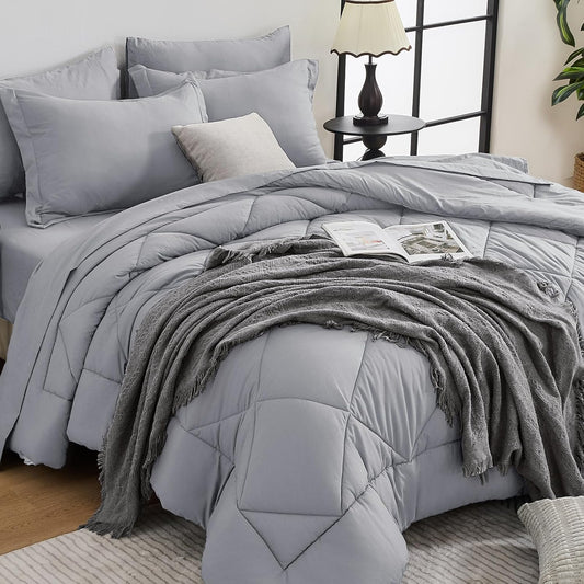 HEVUMYI Light Grey King Comforter Set - 7-Piece All Season Bed in a Bag King, Ultra Soft Bedding Set with Comforter, Flat Sheet, Fitted Sheet, Pillowcases, Pillow Shams, Light Gray