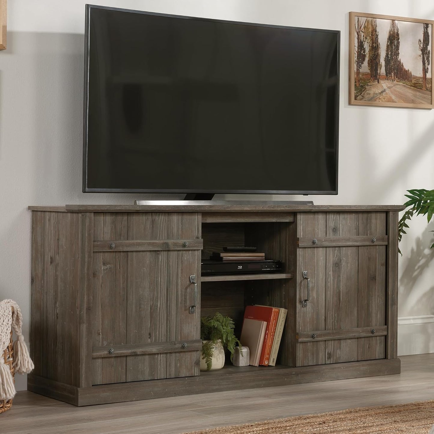 Sauder Entertainment Credenza, Pebble Pine Finish