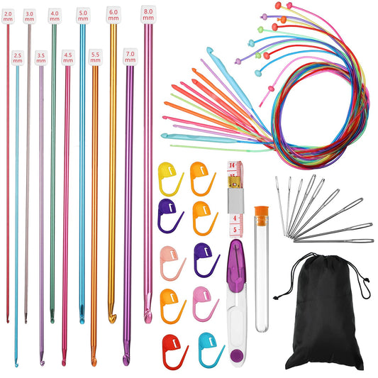 Waydress Crochet Hook Set with Cable 2-8 mm Multicolor Aluminum Long Crochet Hooks 3.5-12 mm Plastic Afghan Needle with Storage Bag, Scissors, Stitch Markers, Blunt Needles, Measure Tape for Beginner