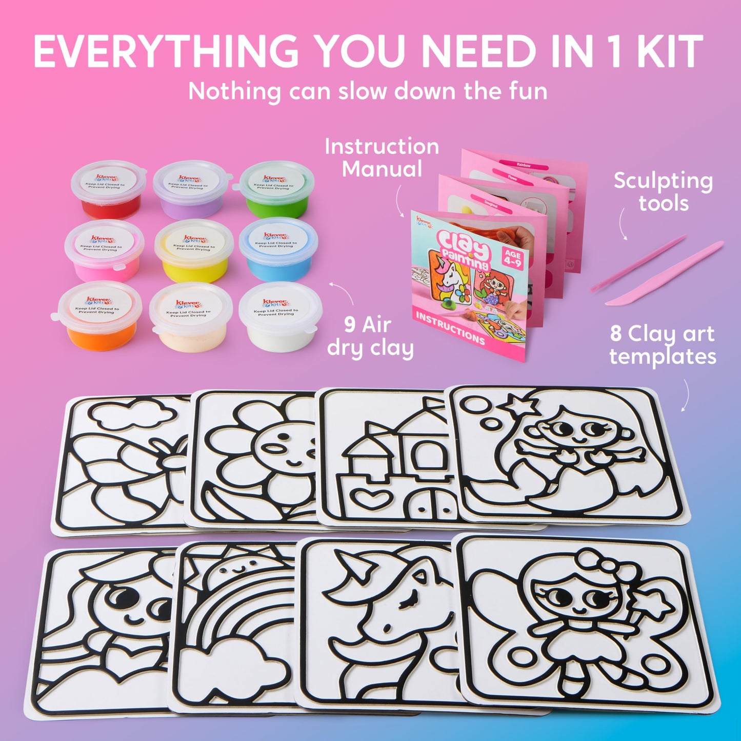 JOVA Klever Kits Air Dry Clay Painting, Air Clay Kit for Kids, 8 Pre-grooved Filling and Original Designed Boards, Easy Play and Non Toxic Material, Arts and Crafts for Kids Age 4-9