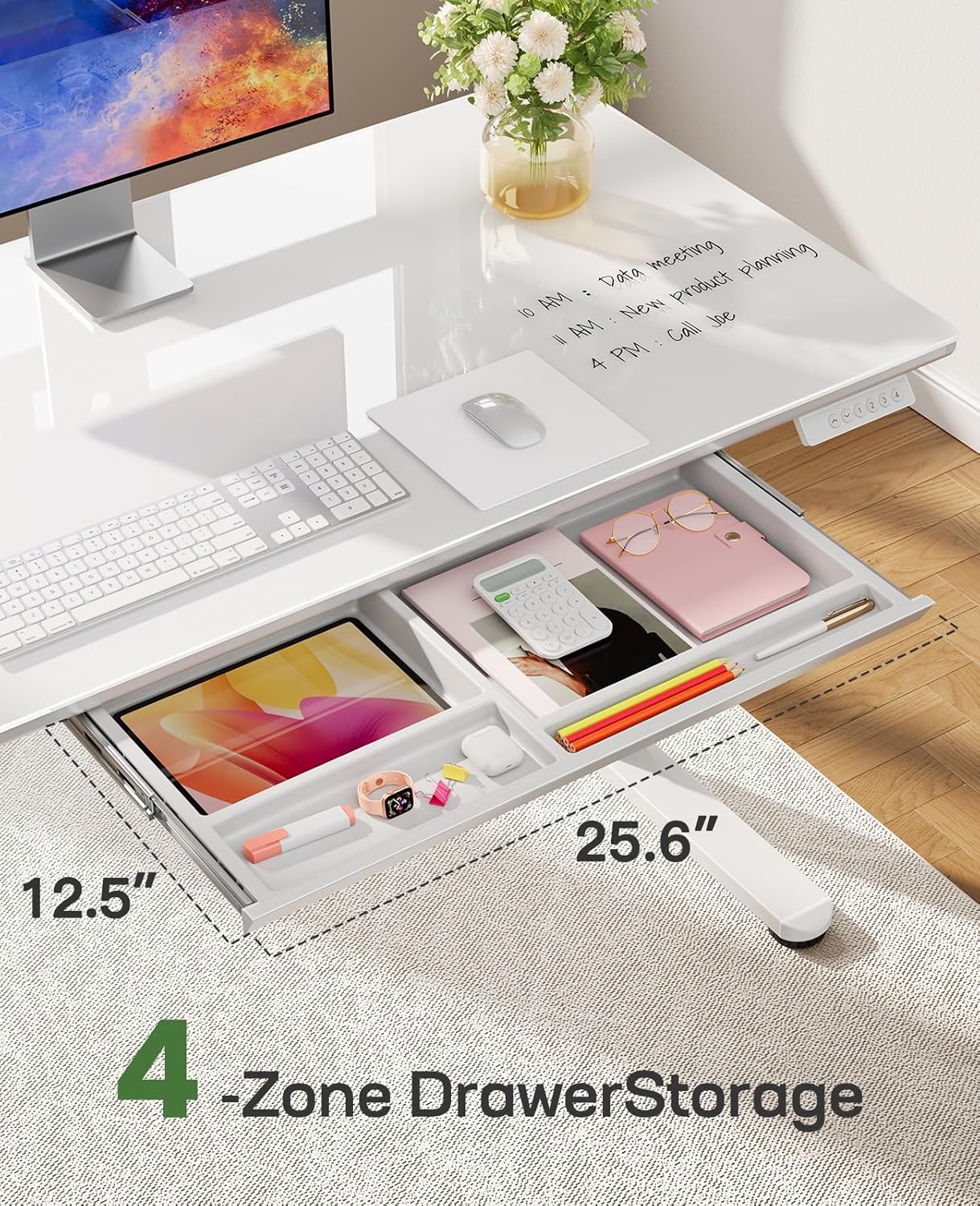 Marsail Glass Electric Standing Desk with Drawer, 48 x 24 Inches Height-Adjustable Desk, One-Piece Tempered Glass Top, Ergonomic Home Office Sit Stand Desk with 4 Preset Heights, White